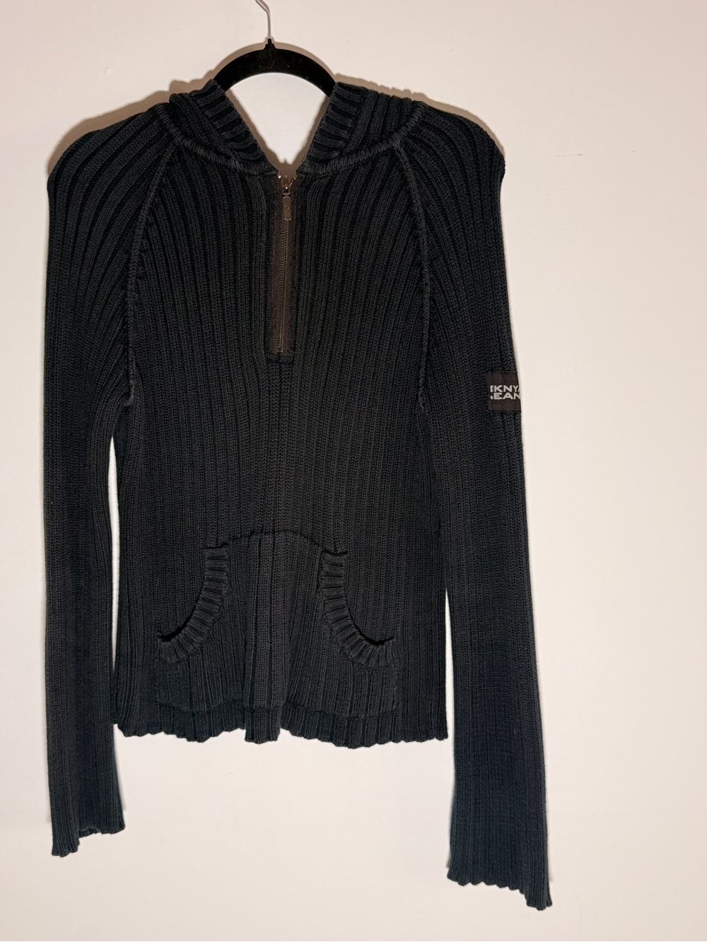 Dkny Vintage Black Ribbed Half-Zip Hooded Sweater